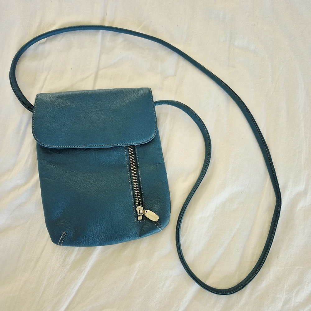 Tignanello Perfect Pockets Teal Leather crossbody purse